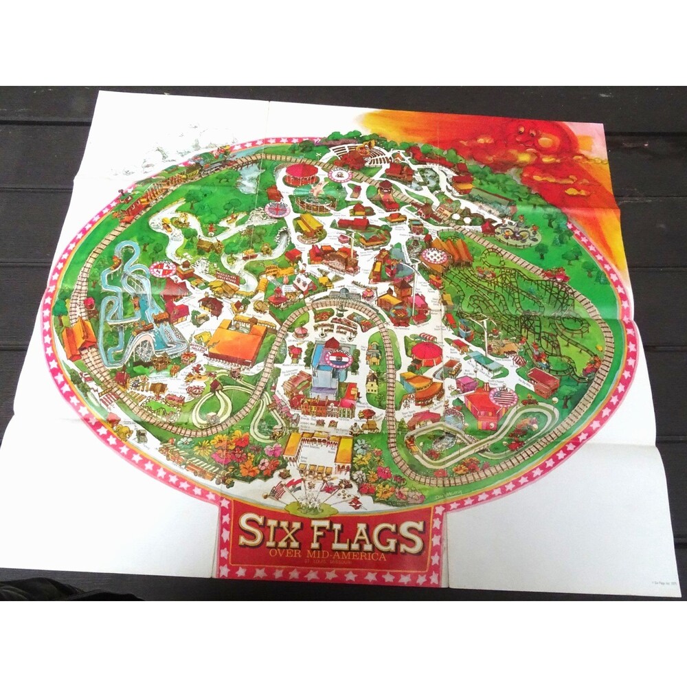Vintage 1977 Six Flags Over Mid-America Souvenir Park Map St Louis MO Wangerin
